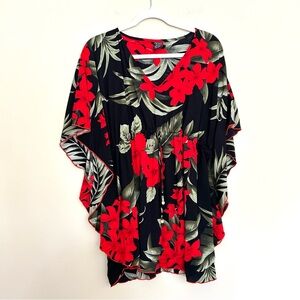 Favant Hawaii Women’s Black Tunic with Red Floral Print and Green Leaf Accents